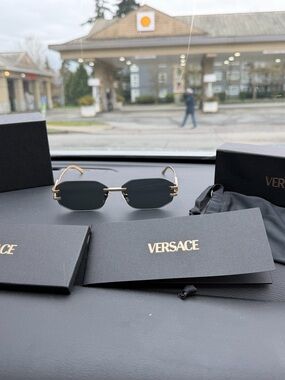 Versace Gold Frame Black Lens Rimless Sunglasses
